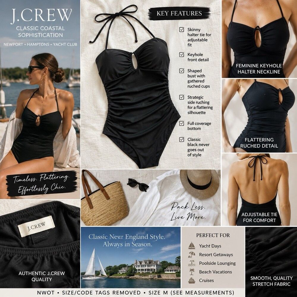 NWOT VTG J.Crew Black Ruched Keyhole Halter One Piece Swimsuit M Classic Luxury